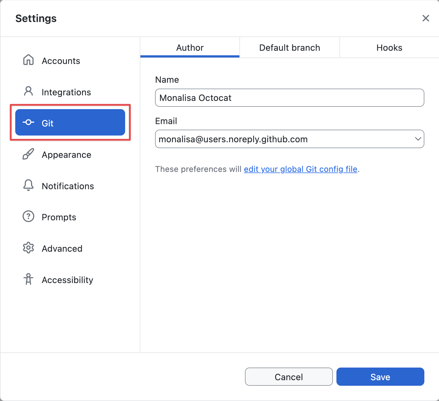 Captura de tela do painel "Git" na janela "Configurações". Na barra lateral esquerda, há uma opção rotulada "Git" realçada em azul com o contorno em laranja.