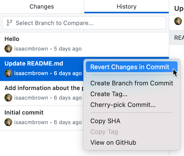 Captura de tela de uma lista de commits na guia "History". O cursor passa sobre a opção "Revert Changes in Commit" em um menu de contexto.
