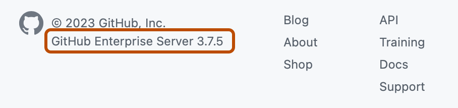 GitHub Enterprise Server 하단부 화면 캡처. "GitHub Enterprise Server 3.7.5"가 주황색 윤곽선으로 강조 표시되어 있습니다.