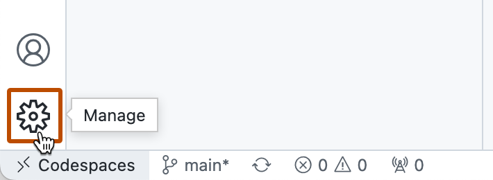 Screenshot des unteren Rands der Aktivitätsleiste. Die Schaltfläche „Verwalten“ (gekennzeichnet durch ein Zahnradsymbol) ist durch einen dunkelorangenen Umriss hervorgehoben.