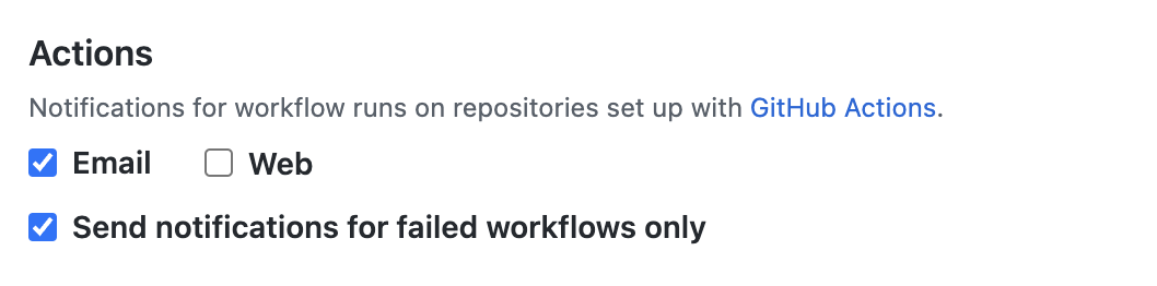 Screenshot des Abschnitts „Aktionen“ unter „Benachrichtigungseinstellungen“ mit dem Kontrollkästchen „E-Mail“, „Web“ und „Nur Benachrichtigungen für fehlgeschlagene Workflows senden“.