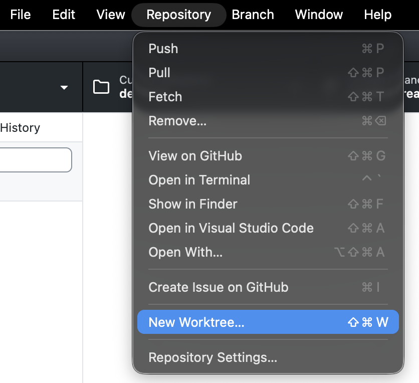 Screenshot of the "Repository" dropdown menu on a Mac. The "New Worktree" option is highlighted in blue.