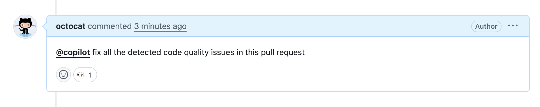 Screenshot eines PR-Kommentars, der den Copilot-Cloud-Agent aufgerufen hat.