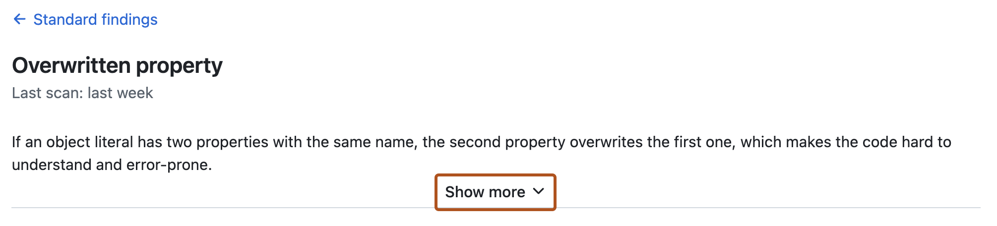 Screenshot showing the results for a code quality rule. The text "Show more" is highlighted in dark orange.