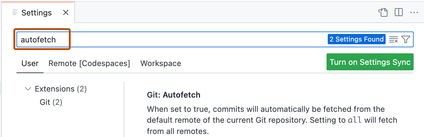 Screenshot der Registerkarte „Einstellungen“. Der Suchtext „autofetch“ ist mit einer dunkelorangen Umrandung hervorgehoben.