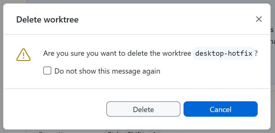 Screenshot of the "Delete Worktree" confirmation dialog on Windows with a "Do not show this message again" checkbox.