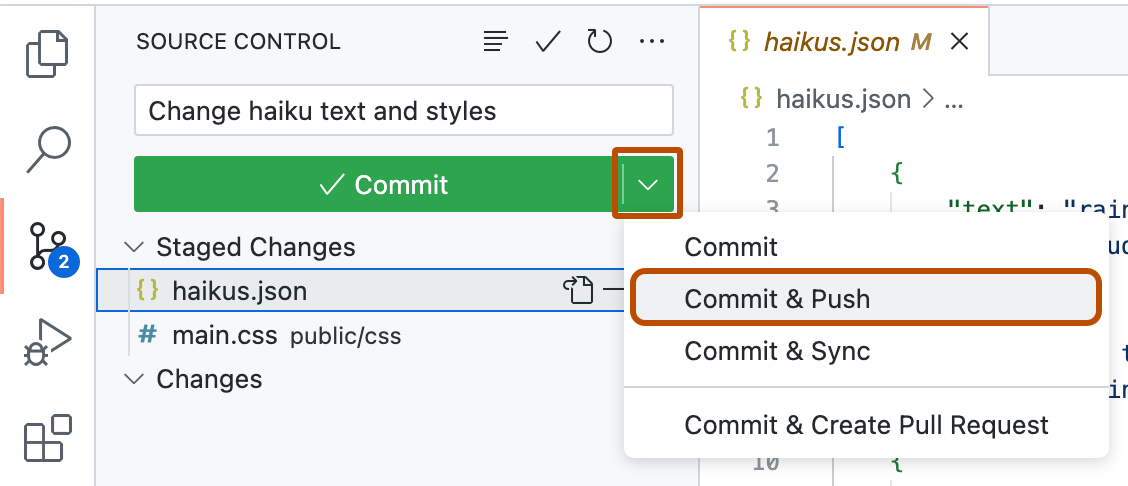 Screenshot des Dropdownmenüs für die Schaltfläche „Commit“. Die Option „Commit & Push“ ist mit einem dunkelorangenen Rahmen hervorgehoben.