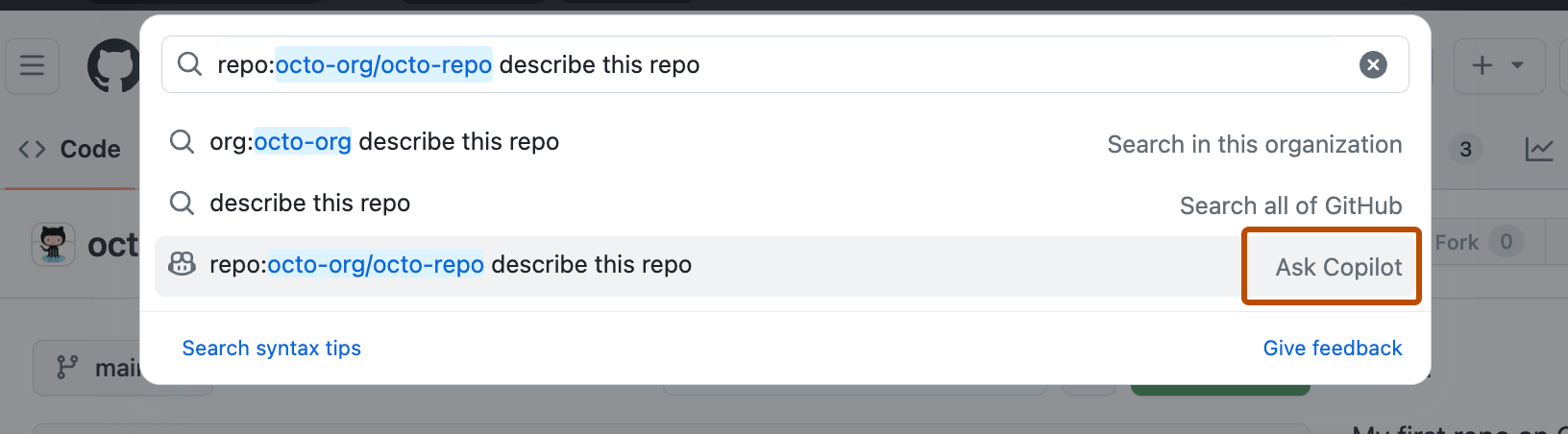 Screenshot des Hauptsuchfelds auf GitHub. Die Dropdownoption „Copilot befragen" ist mit einer orangefarbenen Kontur hervorgehoben.