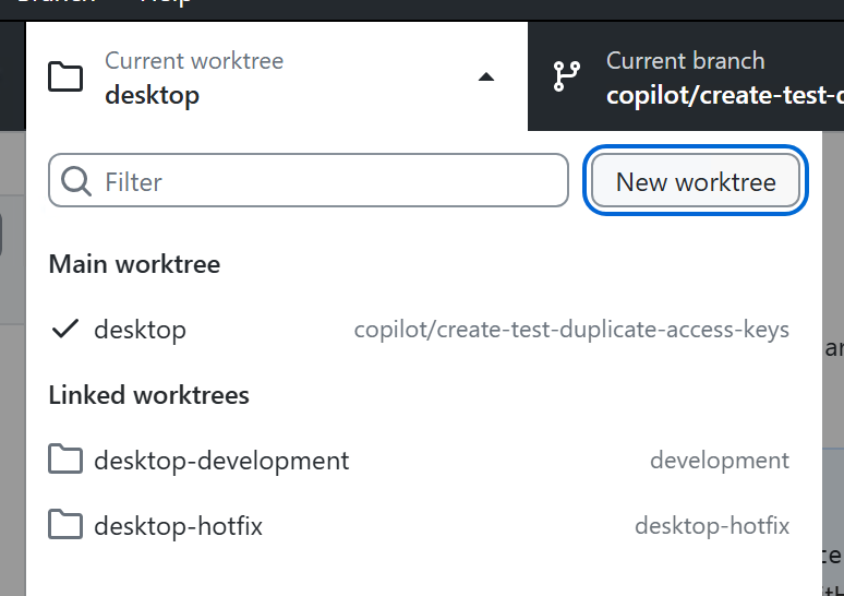 Screenshot of the worktree dropdown on Windows. In the expanded "Worktree" dropdown the New worktree button is highlighted in blue.
