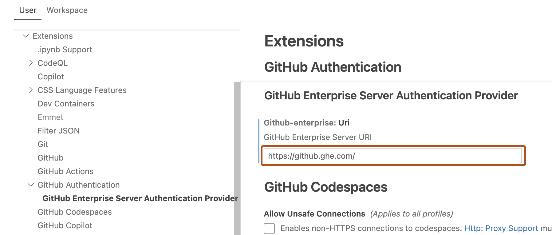 Captura de pantalla de la configuración de "Extensions" para "GitHub Authentication" (el campo URI se resalta en naranja oscuro).