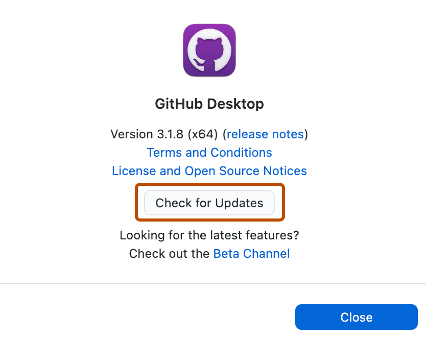 "GitHub Desktop" 창의 스크린샷. 버전 세부 정보 및 외부 리소스에 대한 링크 아래에서 "Check for Updates" 단추가 주황색 윤곽선으로 표시됩니다.