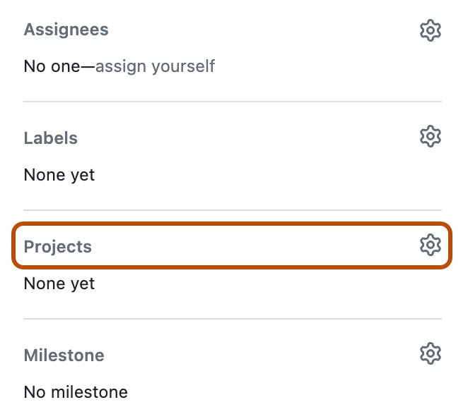 Screenshot der Randleiste eines Issues. „Projekte“ ist mit einem orangefarbenen Rand hervorgehoben.