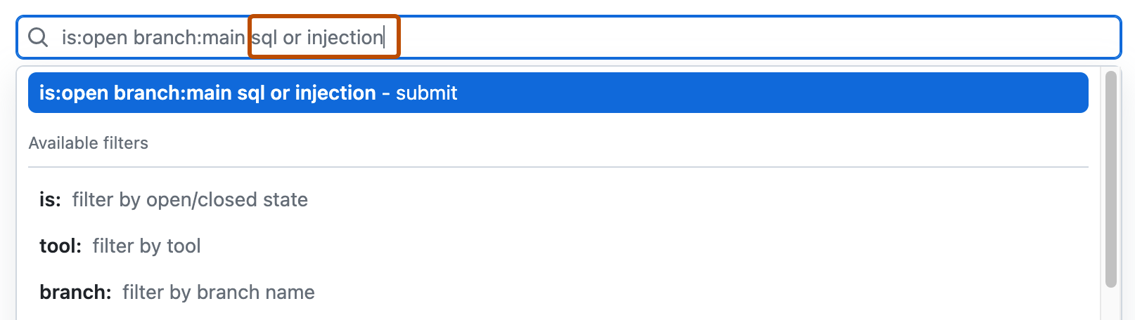 Screenshot des Suchfelds in der Warnungsansicht. Im Feld sind die vordefinierten Filter „is: open branch:main“ und der freie Text „sql or injection“ hervorgehoben.